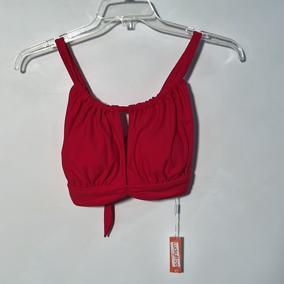 LUCKYBOP NWT Red Ruched Round Neck Keyhole Cross Back Beachy Bikini Top SZ L - Picture 3 of 16